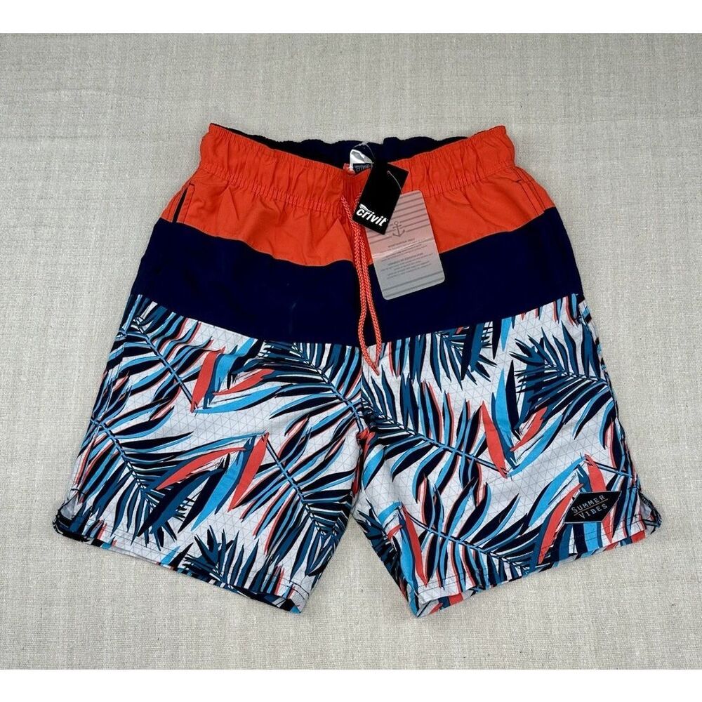 NEW Crivit Swim Trunks Board Shorts Mens Size Small Tropical Print Blue & Red